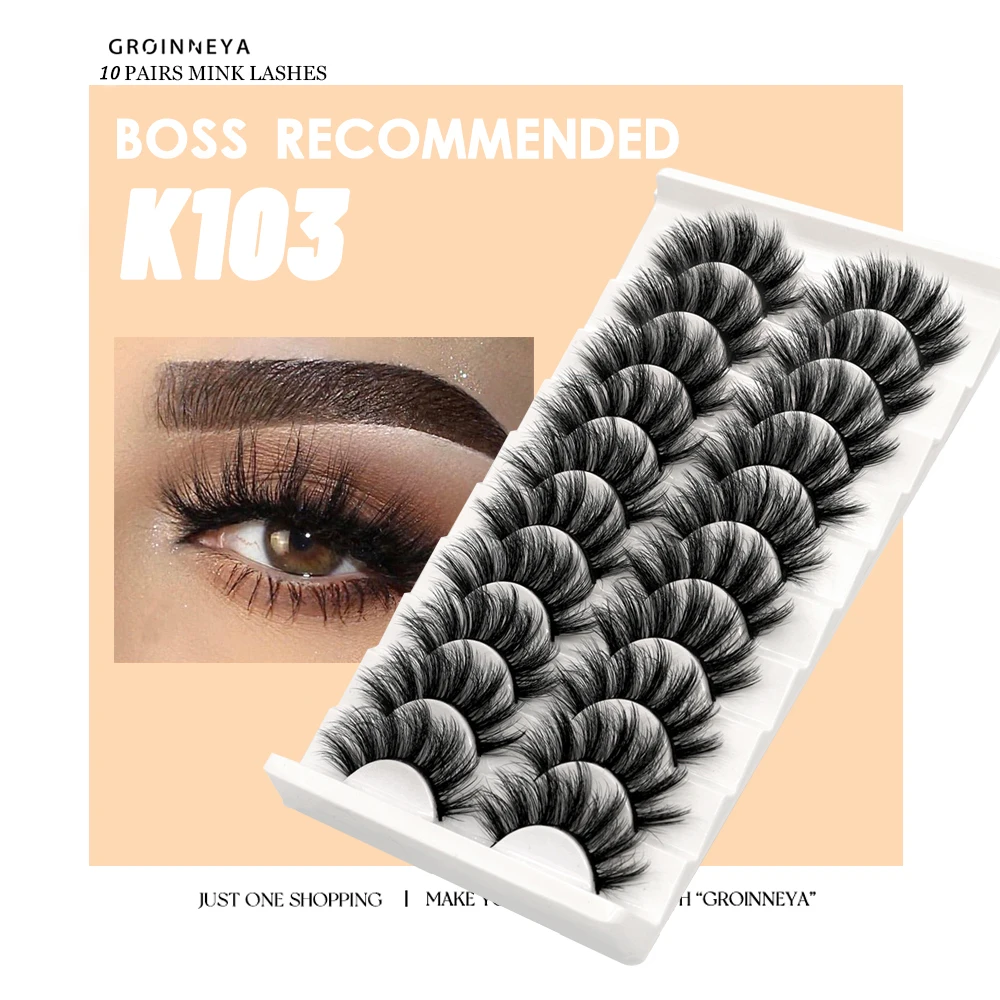 GROINNEYA 3D False Eyelashes 10 Pairs Eyelashes 3D Mink Lashes Faux Mink Fluffy Lash Soft Full Thick Wispy Eyelashes Extension