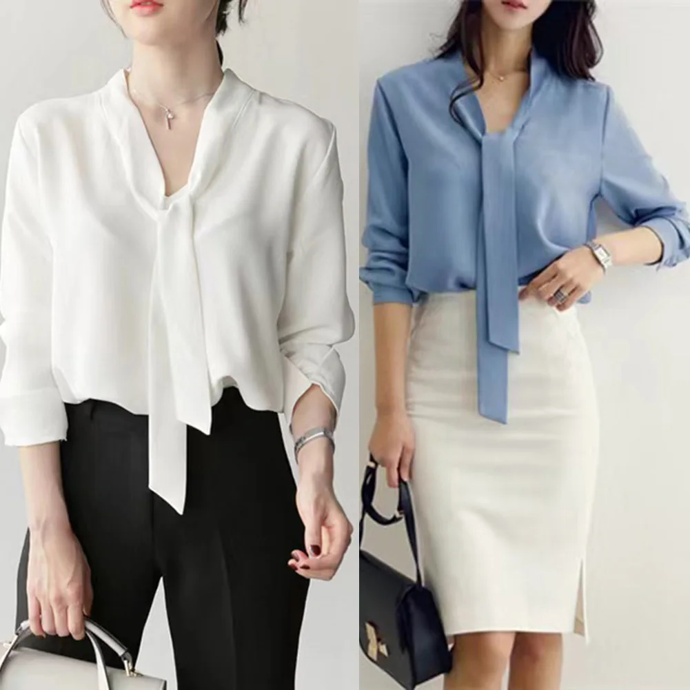 Женская шифоновая рубашка 24, новые стили, винтажные модные свободные топы с воротником-стримером