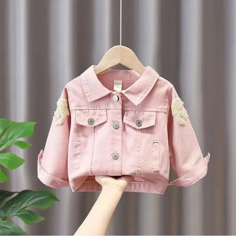 Spring Autumn Baby Girls Denim Jacket Children\'s Cartoon Letter Pattern Top Fashion Pink Cowboys Cardigan Kids Casual Coats 1-7Y