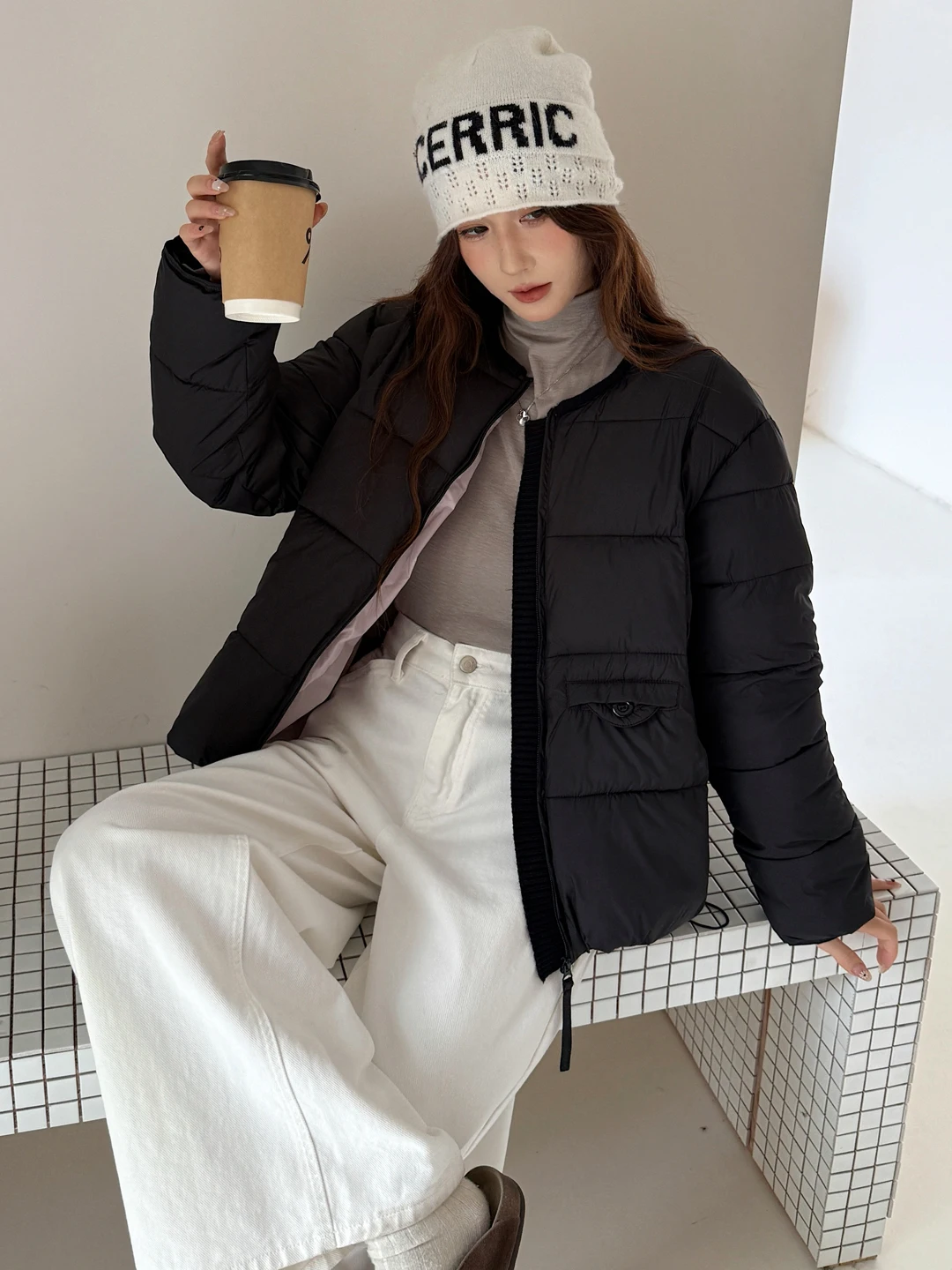 Knitted Patchwork Small round Neck Cotton Jacket Women's Outerwear Winter New Style Bean Block Puff Cotton Coat Cold Proof