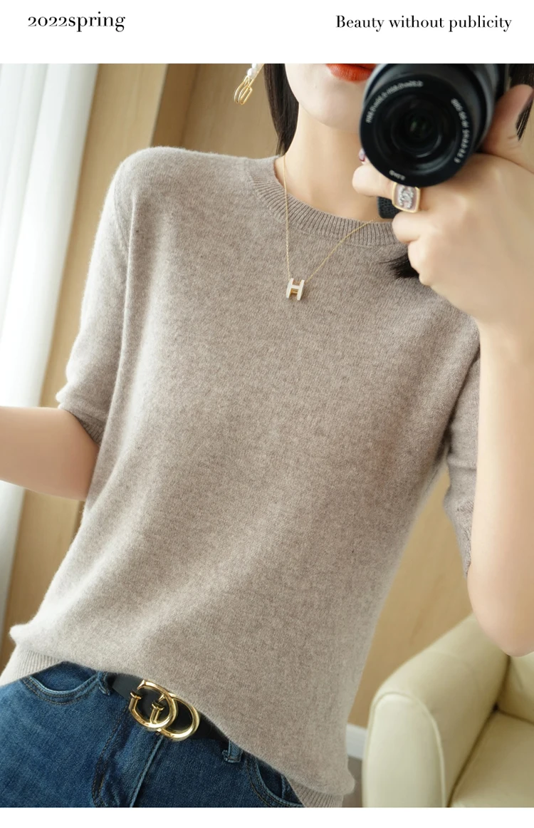 Spring 2022 New Women's O-Neck Short-Sleeved Exquisite Cashmere Sweater Pullover