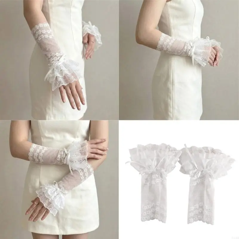 Lace Arm Sleeves Armwear for Summer Styling Sheer Mesh Lace with Ruffled Cuff Ribbon Accent for Daily Outfit Wear 6XDA