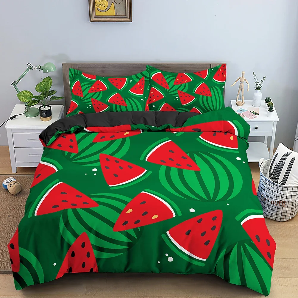 

Summer Sweet Fruit Print Duvet Cover Full, Twin King Size Kawaii Watermelon Pineapple Comforter Cover Cartoon Style Bedding Set