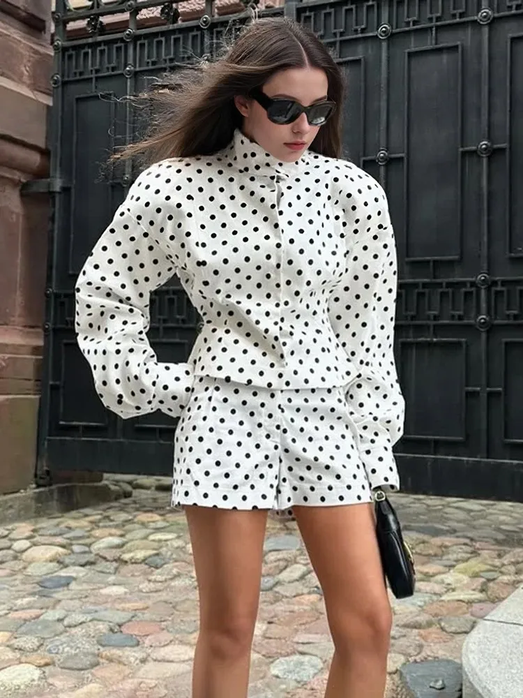 

Комплект шорт с принтом в горошек, женские короткие куртки с воротником-стойкой и длинными рукавами, новинка 2025, осенняя офисная женская элегантная повседневная верхняя одежда