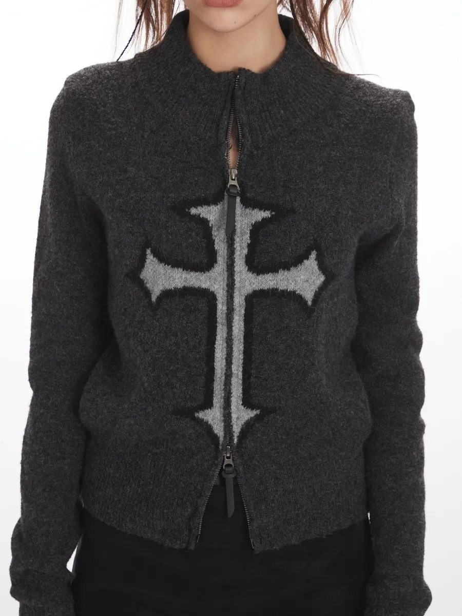 Suéteres Cardican con cremallera cruzada bordada, abrigos, ropa de invierno de punto gótica, prendas de punto holgadas para mujeres y niñas, señoras de oficina