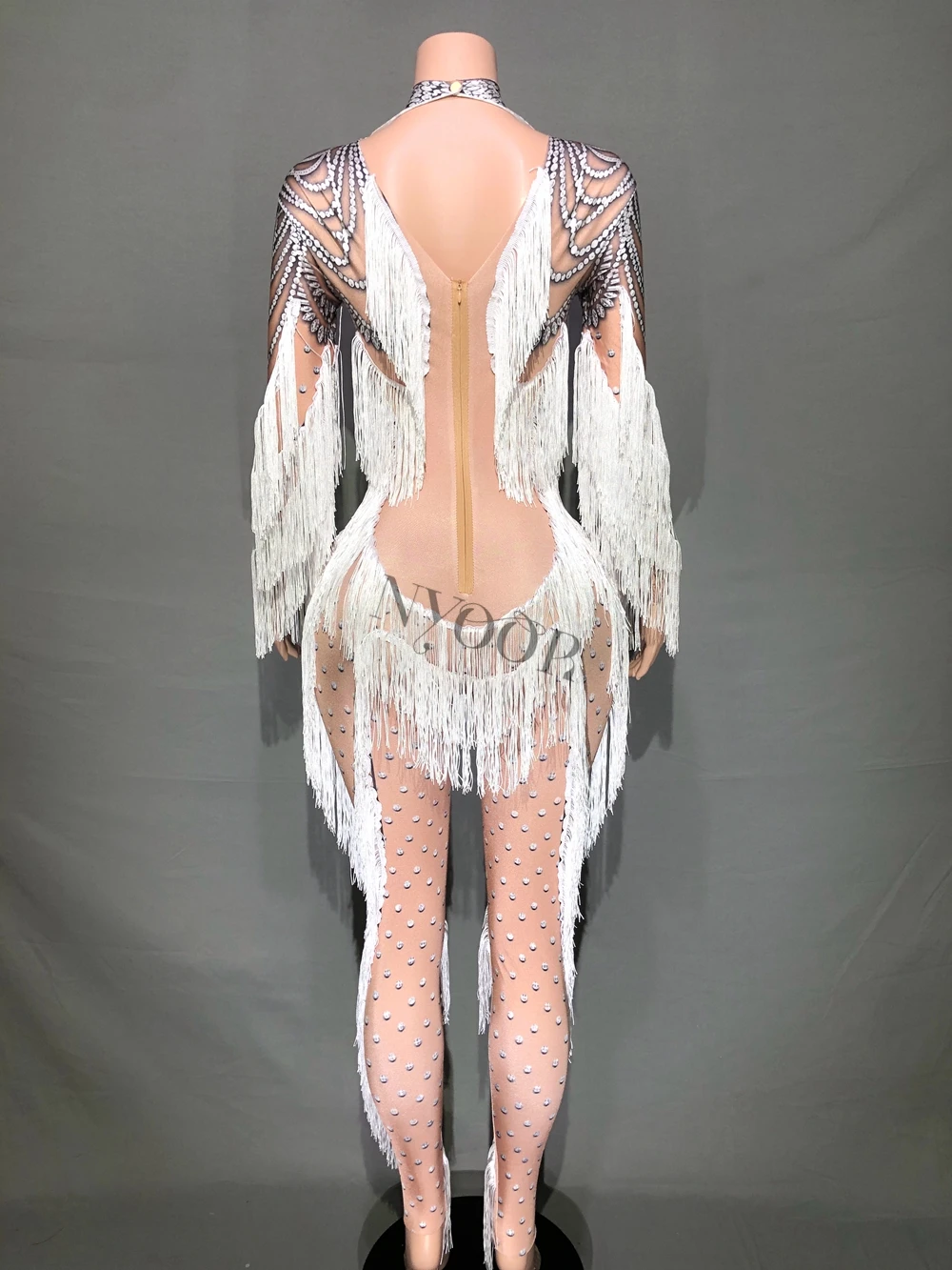 White Tassel Long Sleeves Skinny Jumpsuit for Women Sexy Leggings Singer Dancer Performance Dance Costume Stage Wear Show Outfit