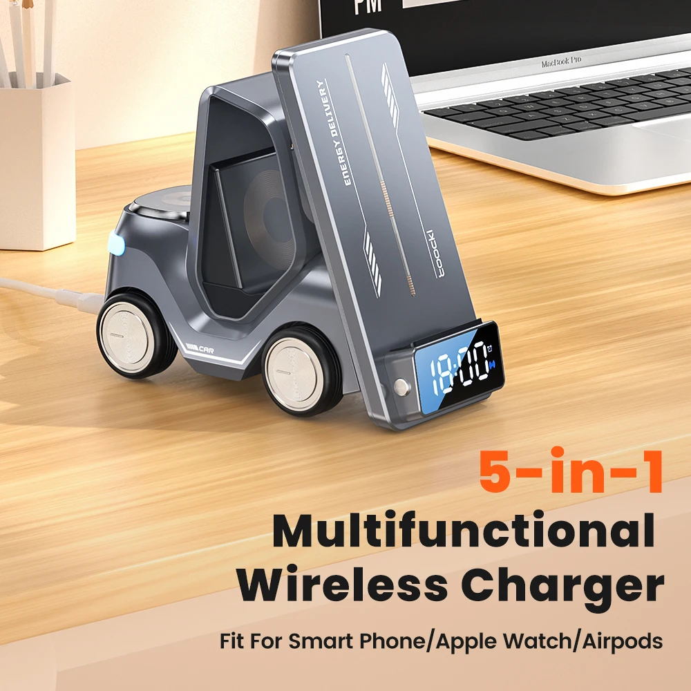 Toocki 5-in-1 Wireless Charger 15W Fast Charge With Ambient Taillight Type C Desktop Wireless Charger For Android For IOS 17 16