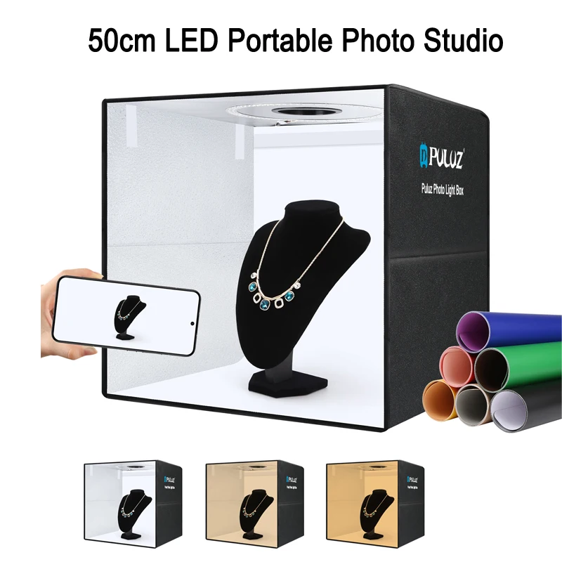 

PULUZ 50cm Folding Portable Photo Studio Tent Box 3 Color Ring Light LED Photography Studio Box with 12 Color Background Board