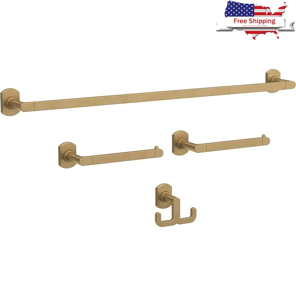 

4 Piece Bathroom Set Satin Gold Towel Bar Extender Toilet Paper Holder Hand Towel Hook Durable Wall Mounted Easy Install