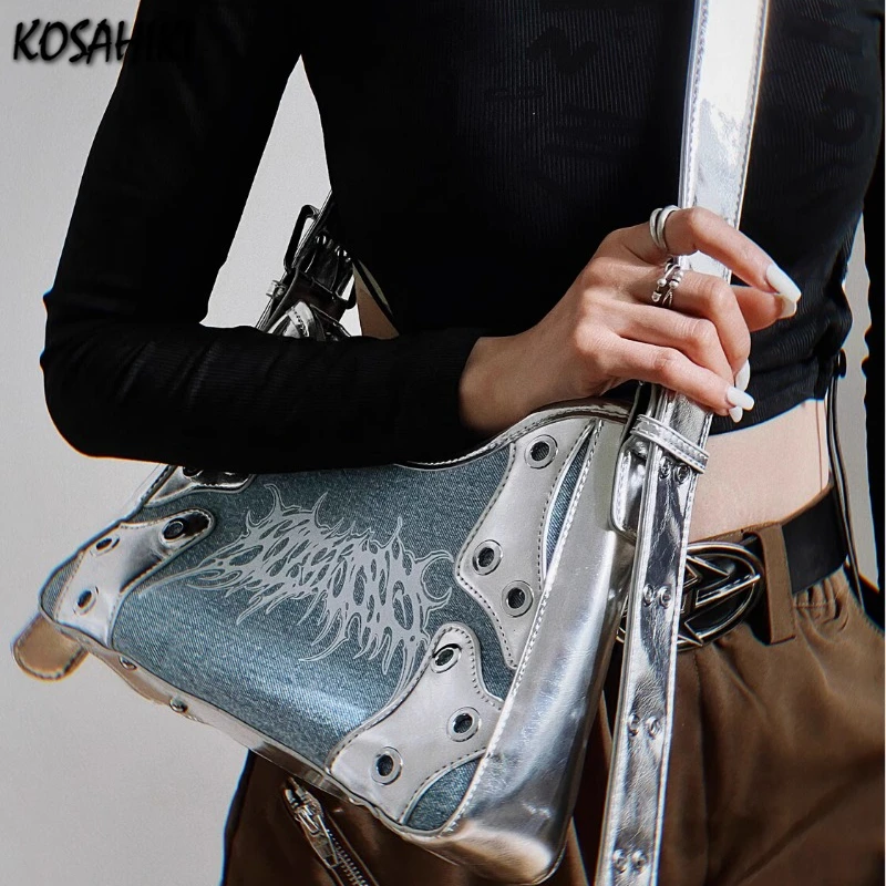 Vintage Grunge Denim Women\'s Handbags Sweet Cool Y2k Aesthetic Crossbody Bag Patchwork Streetwear Fashion Shoulder Bags Trendy