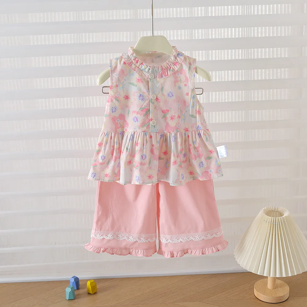 Infant and Toddler Summer Woven Pure Cotton Floral Sleeveless Split Set for Baby Girls, Versatile and Fresh Style, Cool and Comfortable