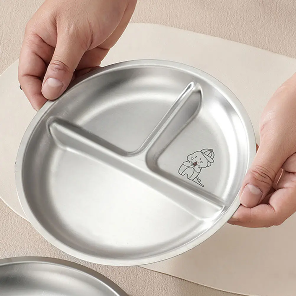 Stainless Steel Round Divided Dinner Plate 3-Section Compartment Tray for Adults Meals Snacks Fruits Diet Planning Easy Clean