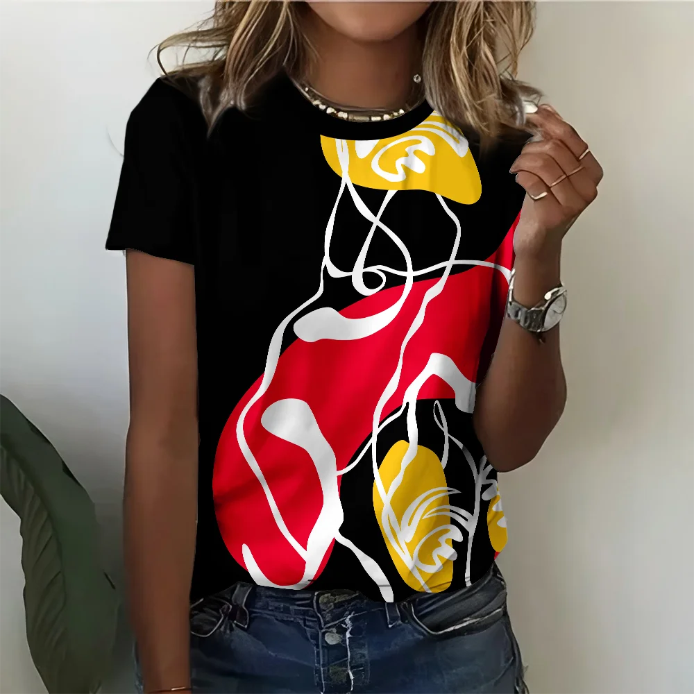 

Абстрактная красная и желтая женская футболка с художественным принтом - стиль современного искусства, повседневная мода, удобная летняя черная футболка с коротким рукавом
