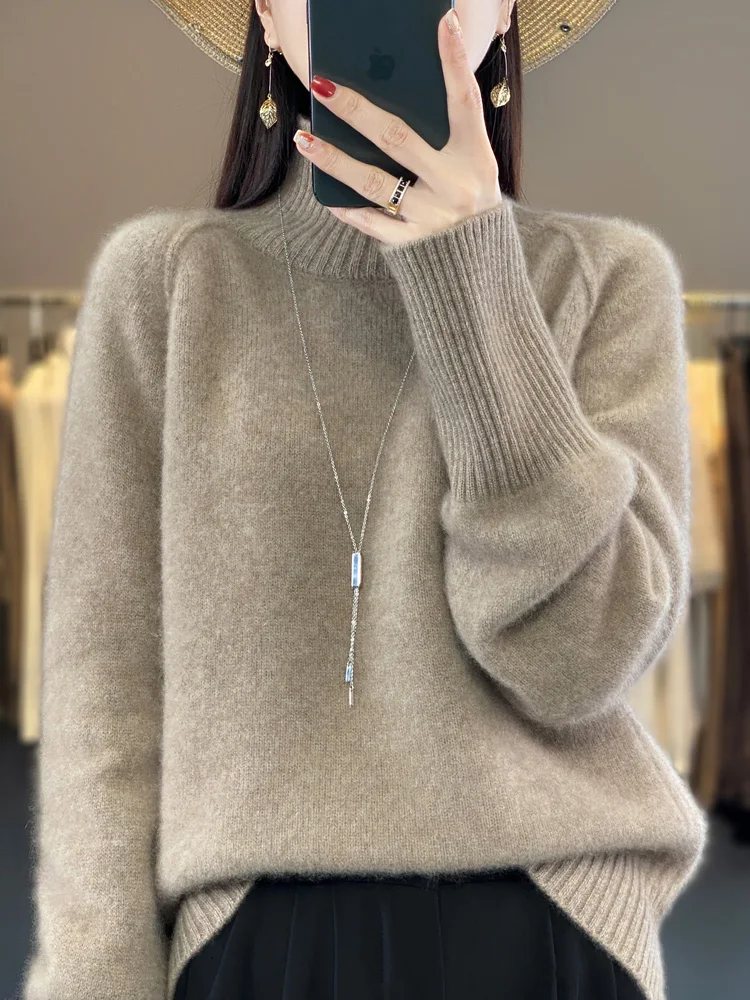 

New Women's Thick Sweater Autumn Winter 100% Merino Wool Pullover Mock Neck Casual Soft Solid Knitwear Female Clothes Tops