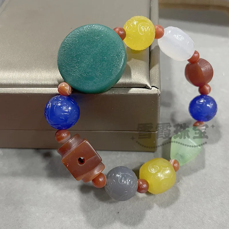 カラフルなマルチジェムビーズの繊細な象嵌彫刻瑪瑙ブレスレット