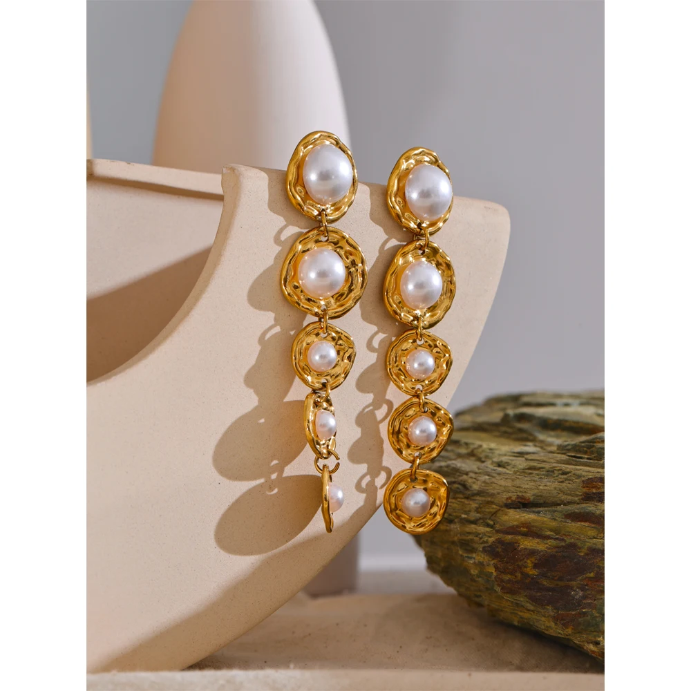 Yhpup Stainless Steel Simulated Pearls Golden Long Hanging Drop Earrings Prevent Allergy Fashion Popular Statement Jewelry Gift