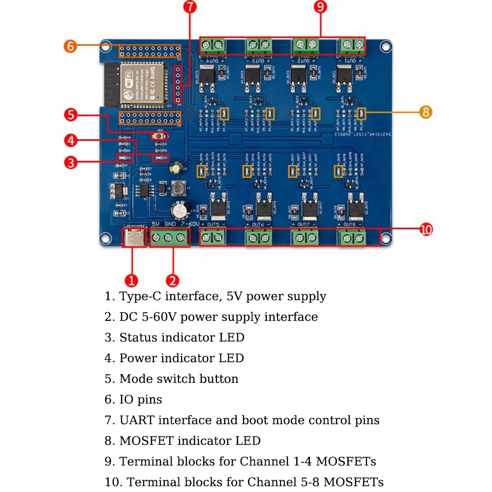 ESP32 8 Channel MOS Switch Development Board DC5-60V Type-C Power Supply WiFi BT IO UART Pins with Power/MOS Tube Led Indicator