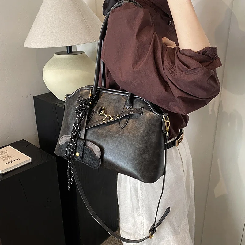 Fashion Retro PU Leather Shoulder Bag Women Korean Luxury Large Capacity Crossbody Bags Tote Bag 2024 New Simple Solid Handbags