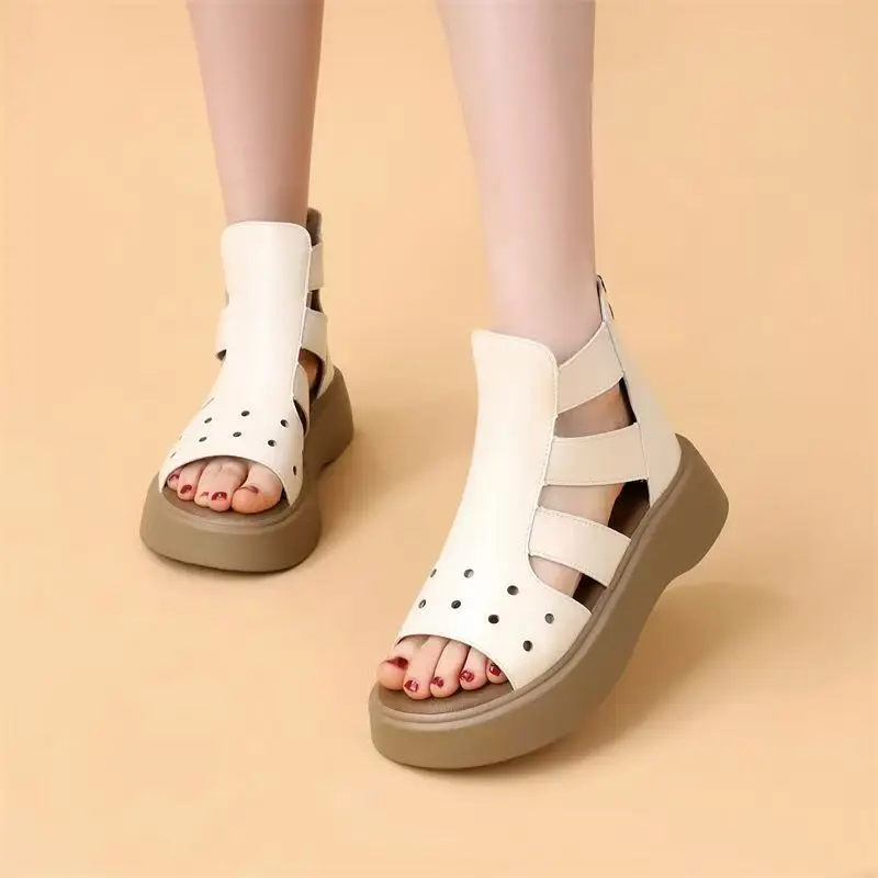 Women PU Leather Wedges Peep Toe Ankle Boots Summer New Thick Sole Non Slip Hollow Out High Top Breathable Cool Boots Sandals