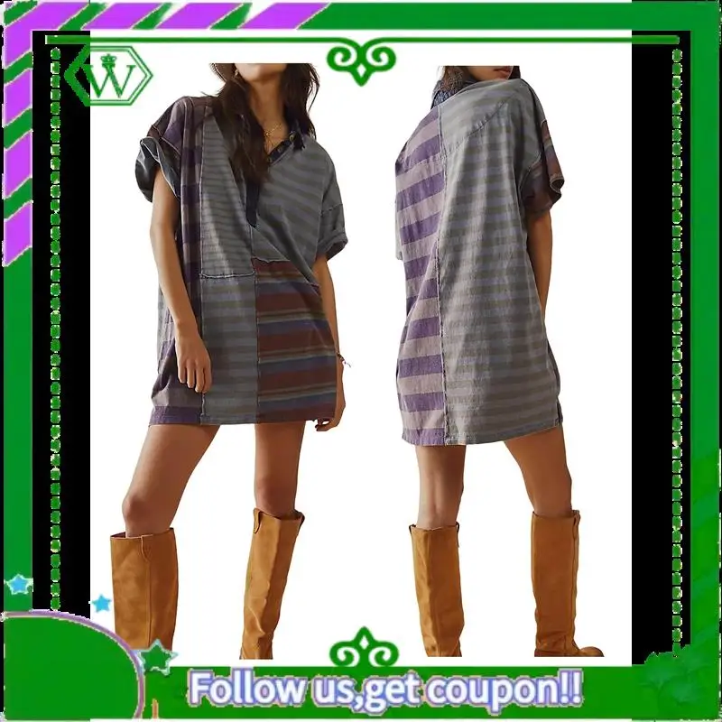 A18P-Women Contrast Striped Babydoll Y2k Summer Patchwork Mini T- Shirt Vintage V Neck Short Sleeve Dress