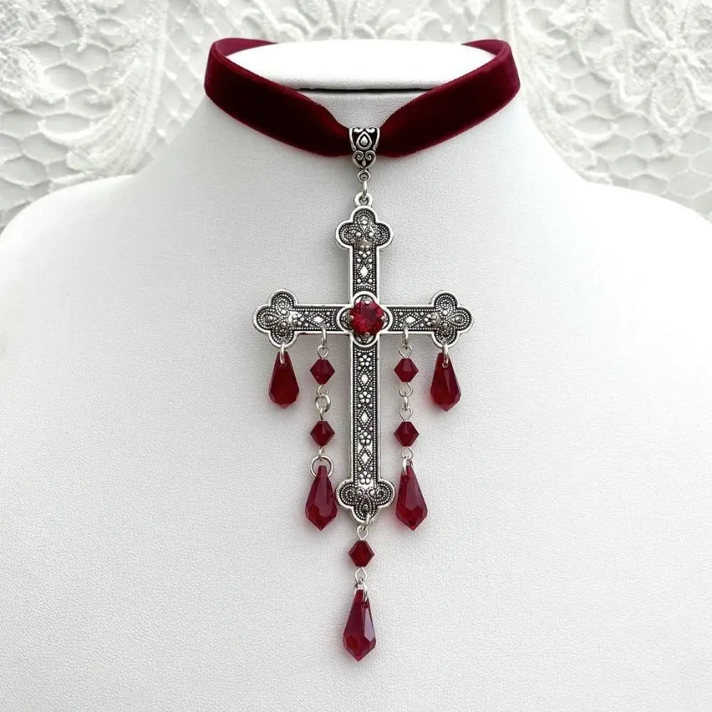 Retro Style Large Cross Pendant Choker Red Color Punk Outfit Vintage Choker Vintage Look Goth Cross Choker Y2k Style