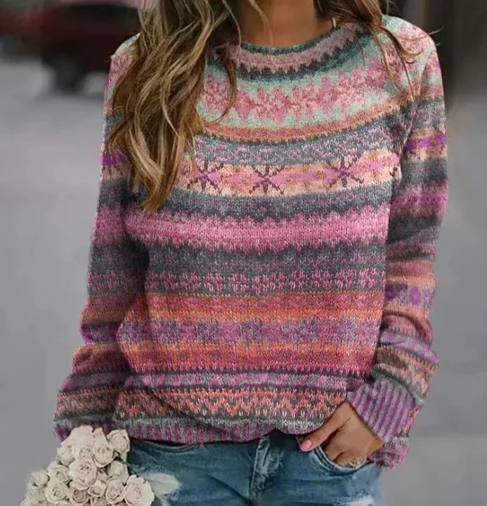 2024 Autumn Knitted Women Sweater Print O-neck Long Sleeve Keep Warm Loose Sweaters Female Winter Casual Trendy Ladies Clothes