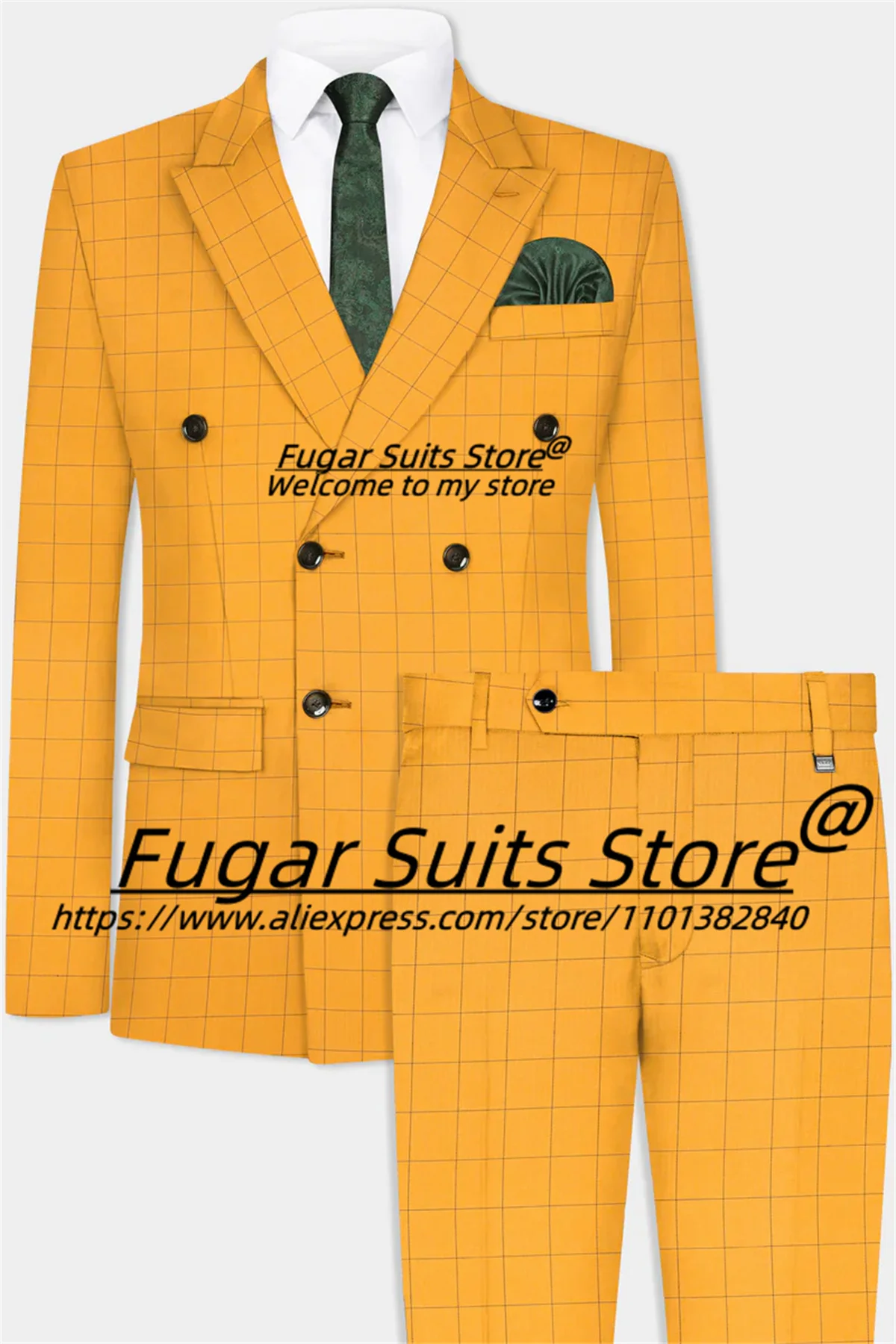 Setelan jas kerja kantor kotak-kotak kuning pria, Blazer bisnis kasual Beat Man, Double Breasted Formal 2 potong