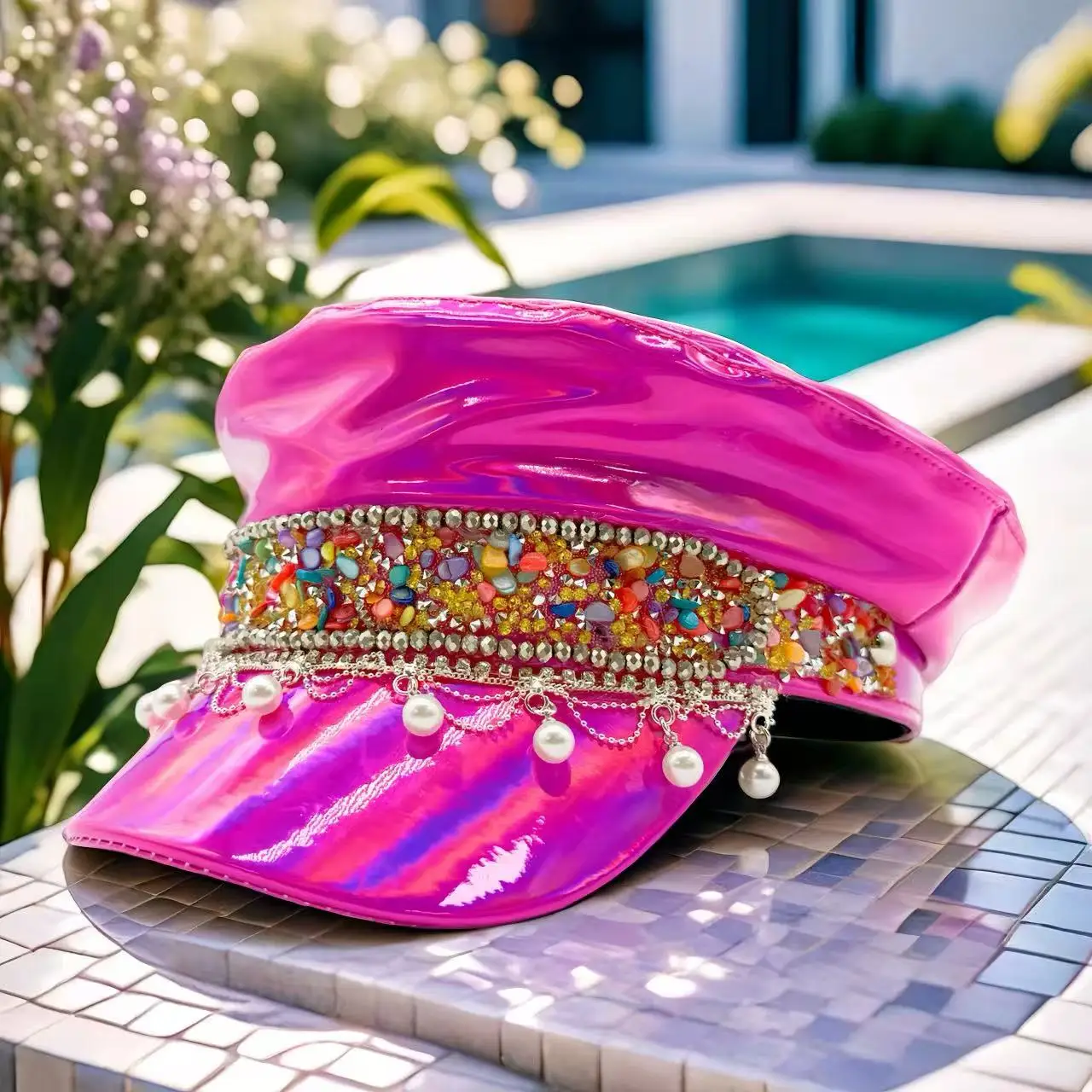 HongLuan  Laser Leather Captain Hat Rhinestone & Military Caps for Woman, Rave Festivals Accessories ＆ Party Cap Man Cosplay Fem