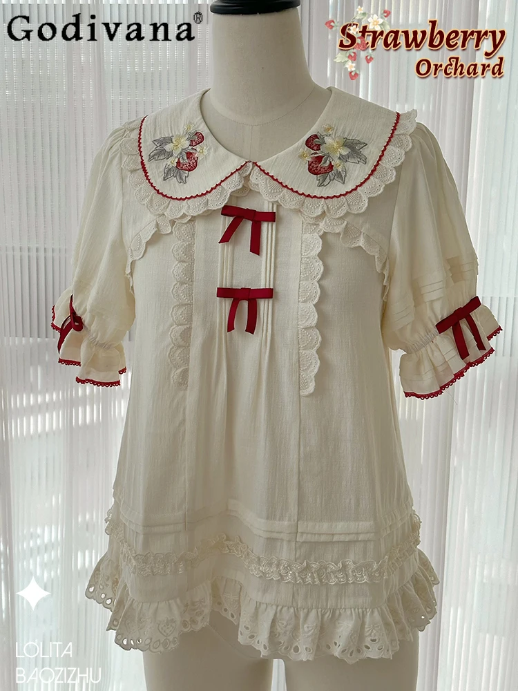 Original Japanese Girly Sweet Y2k Strawberry Embroidered Lolita Blouse Summer Fashion Elegant All-Match Loose Slim Women Tops