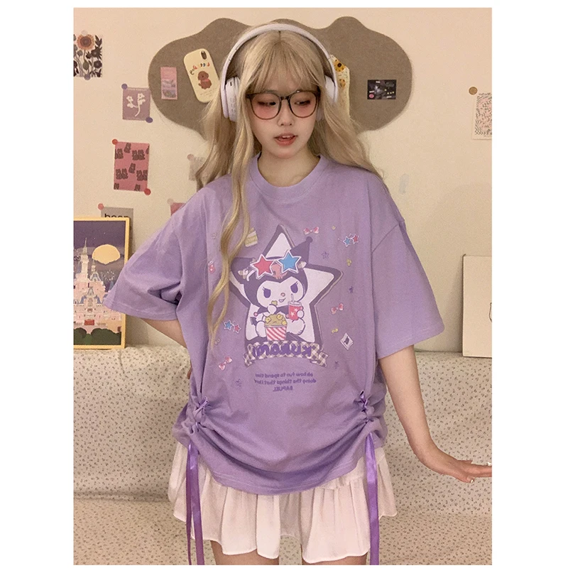 

Cute Cartoon Summer Short Sleeve Kuromi Drawstring Strap Design Pure Cotton Loose Casual Round Neck T-Shirt for Girl