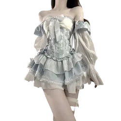 French Romantic Style Lolita Opal Elegant Girl Cosplay Princess Puffy Sleeve Bowknot Flower Tunic Mesh Fantasy Fairytale Dresses