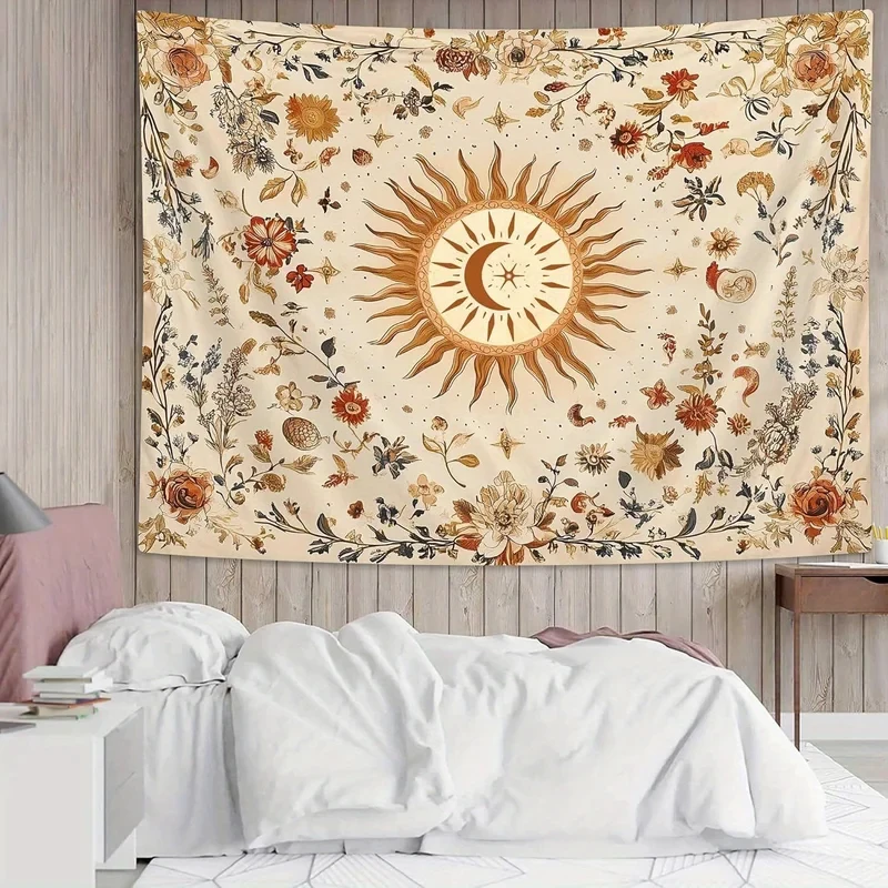 VIKAMA Vintage Sun Moon Floral Tapestry, Boho Celestial Wall Art Cloth for Bedroom & Dorm Room Background Decor