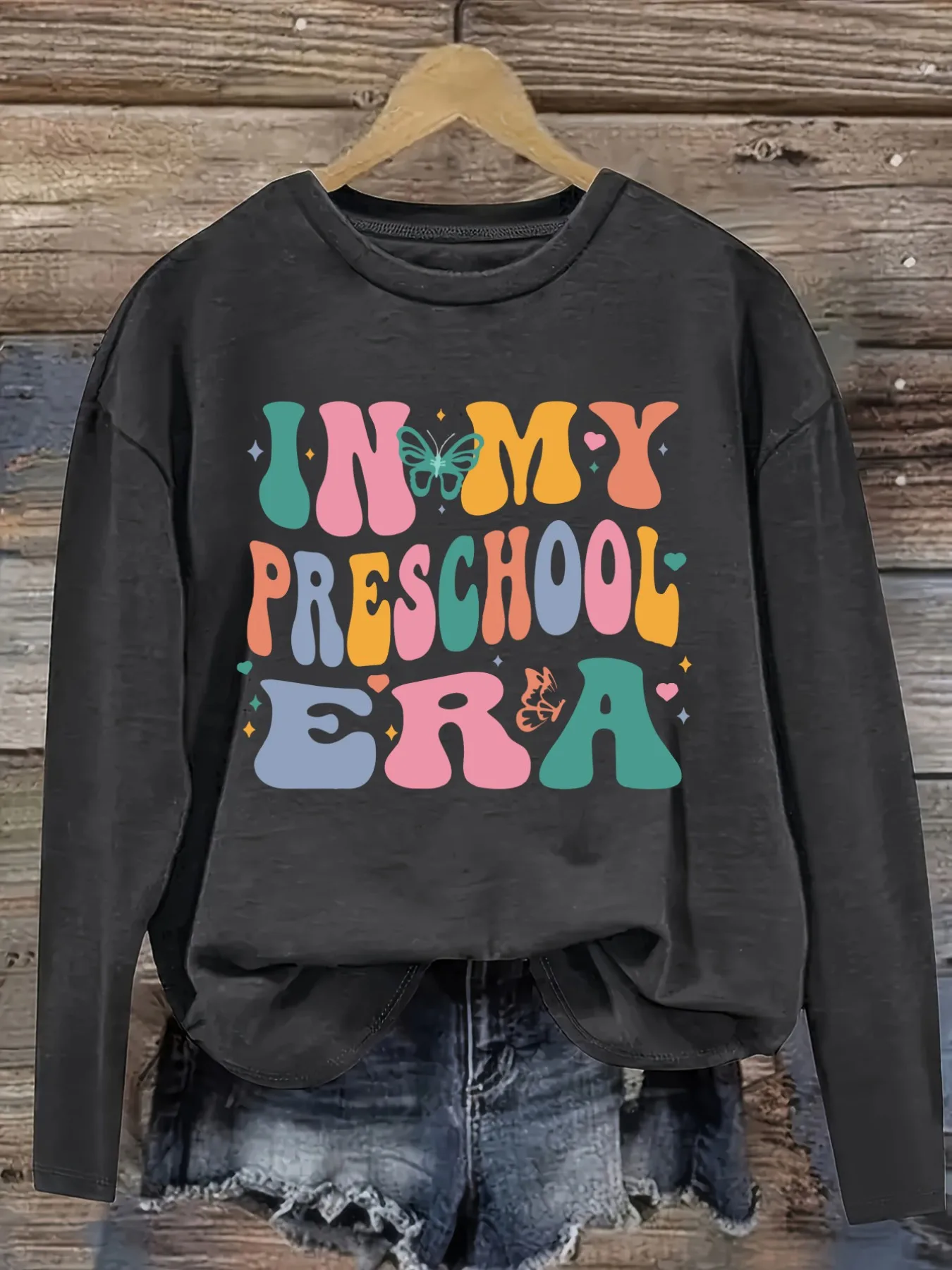 Women's Casual Long Sleeve Crew Neck T-Shirt In My Preschool Era Print Design, Round Neck Women's Clothing, Machine Washable, Slightly Elastic, Loose Fit, Spring Autumn Winter Women's T-Shirt, Halloween Costume Outfit
