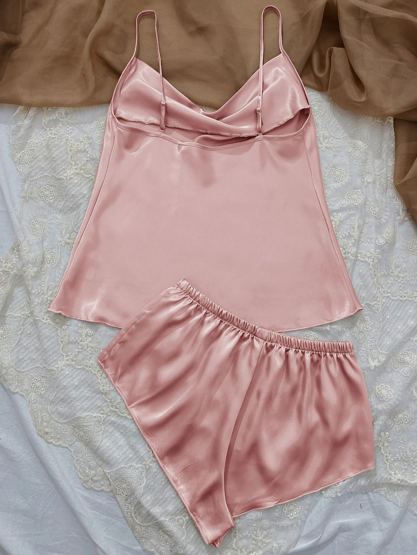 Solid Satin Pajama Set  V Neck Cami Top   Elastic Waistband Shorts Women\'s Sleepwear  Loungewear