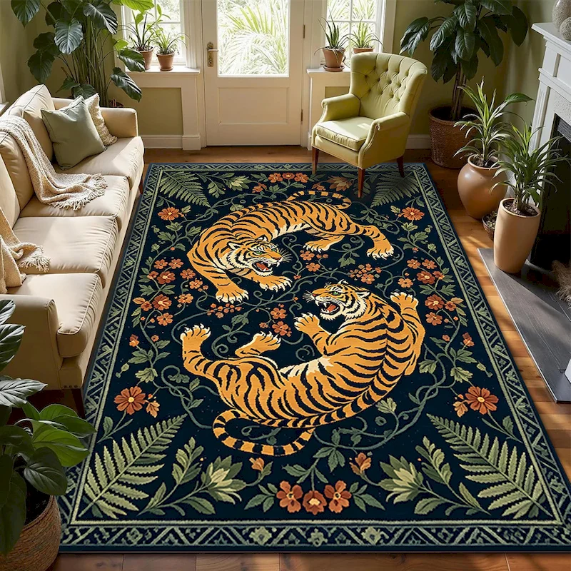 VIKAMA Retro Tiger Jungle Animal Carpet Plant Flower Anti slip Mat Soft Large Carpet Bohemian Home Decoration