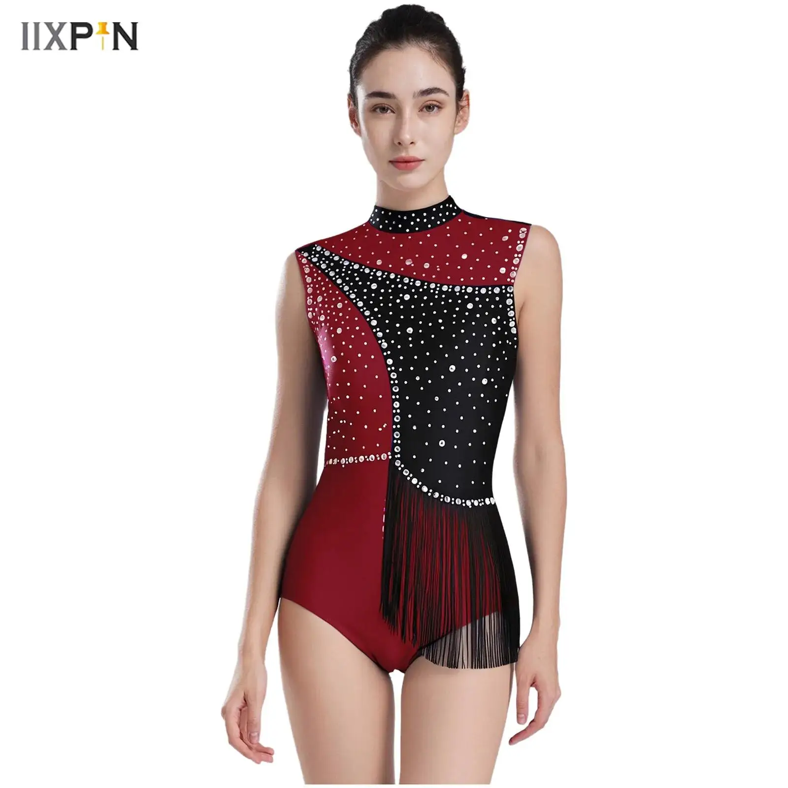

Womens Figuring Skating Bodysuit Glittery Rhinestones Tassel Waist One-piece Leotard Jumpsuit for Gymnastics Jazz Ballet Dance