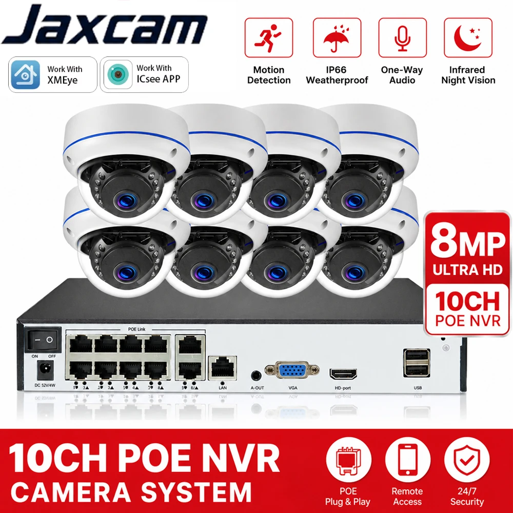 10CH POE NVR Security Kit 8Pcs 8MP Dome IP Camera One-Way Audio IR Night Vision IP66 Icsee XMEye Outdoor CCTV Surveillance Syste