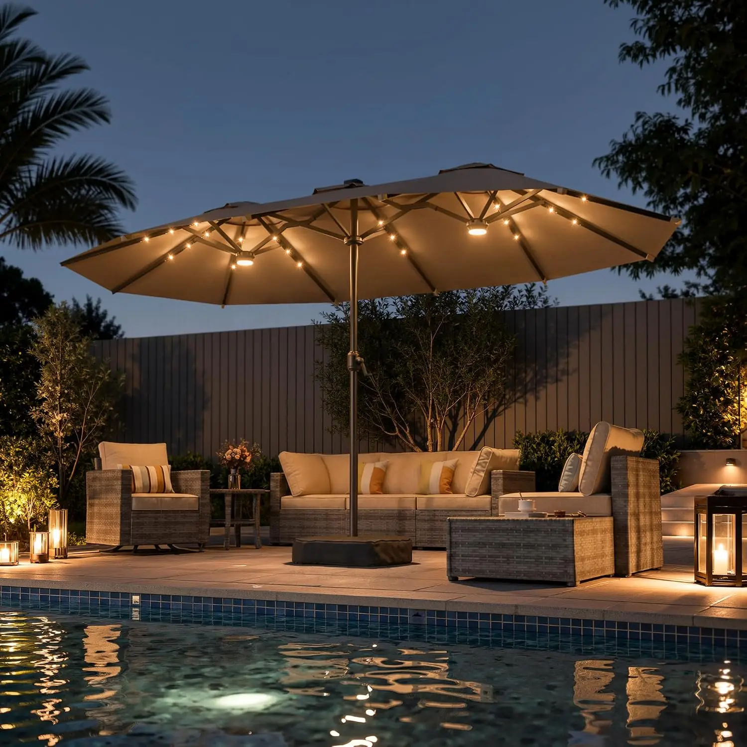 15ft Patio Umbrella with Base & Solar LED Lights, Outdoor Rectangle Double-Sided Market Umbrella for Poolside Deck, Customized