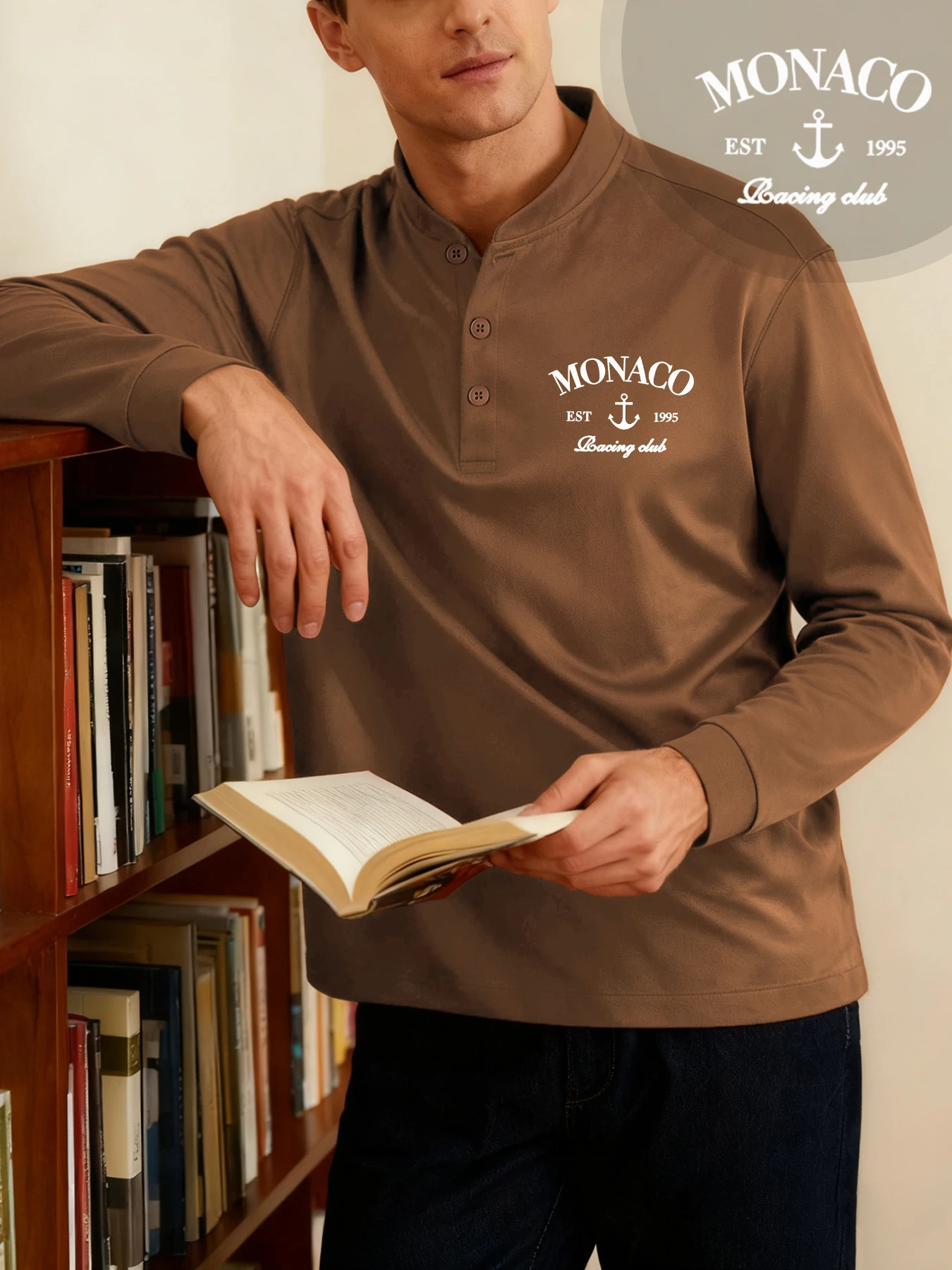 Monaco Est 1995 T-shirt con bottoni classici stampati Uomo Camicia Henley autunnale morbida Abbigliamento da strada casual Versatile e confortevole Manica lunga