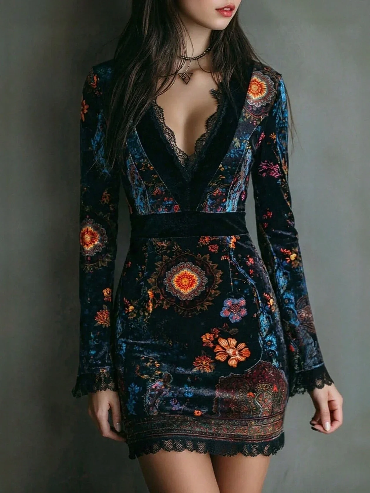 

Богемное ретро-платье мини с цветочным принтом, V-образным вырезом и облегающим силуэтом из бархата