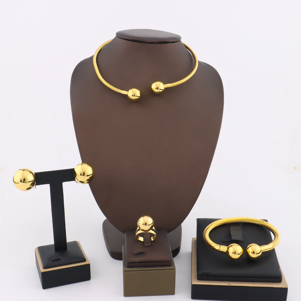 

YM 2025 Women Gold Color Spherical Shape Jewelry Sets Simple Style Earrings Bangle Necklace and Ring Sets Gift For Banquet