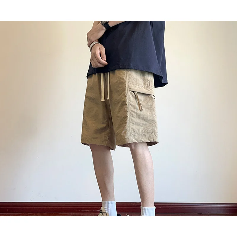QICHE Men Ice Silk Cool Feeling Cargo Shorts Straight Leg Casual Five Points Trousers Summer Versatile Daily Bottoms