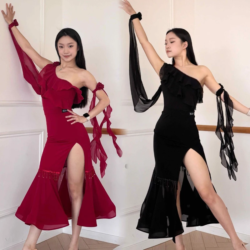 

Adults Ballroom Dance Competition Costume Women'S Rumba Latin Dance Training Clothes Ribbon Top Modern Dancing Skirt SL12646