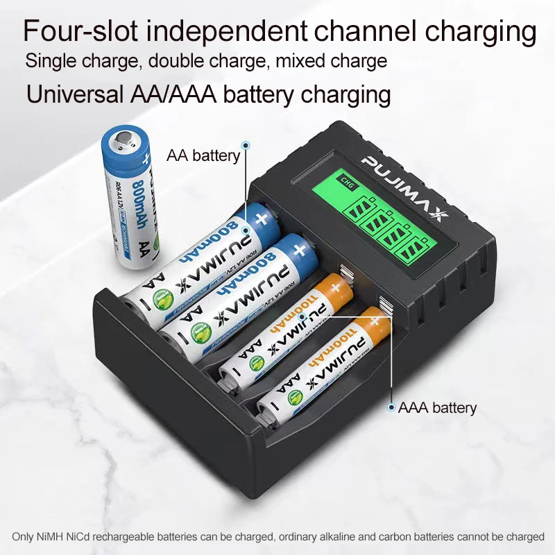 PUJIMAX 4 gniazda inteligentny wyświetlacz LCD ładowarka baterii nadaje się do szybkiego ładowania akumulatora 1.2V AAA/AA Ni-Cd/Ni-mh