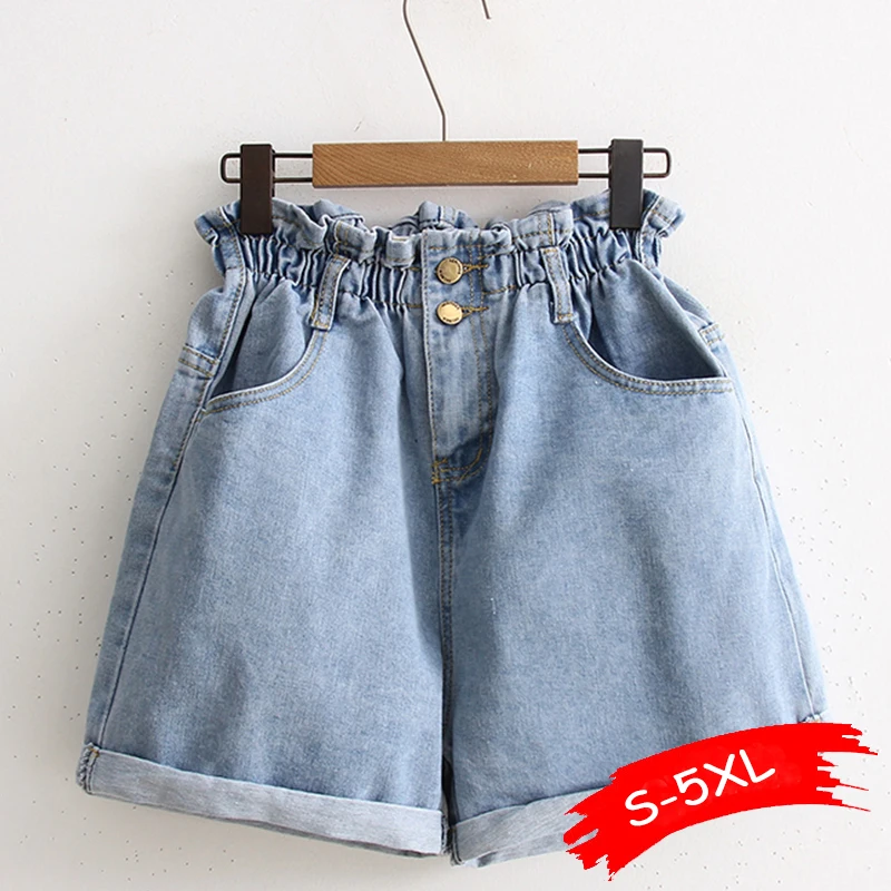 

2023 Summer High Waist Denim Shorts Women Casual Loose Lady Fashion Bud Elastic Waist Pocket Short Jeans Female Large Size