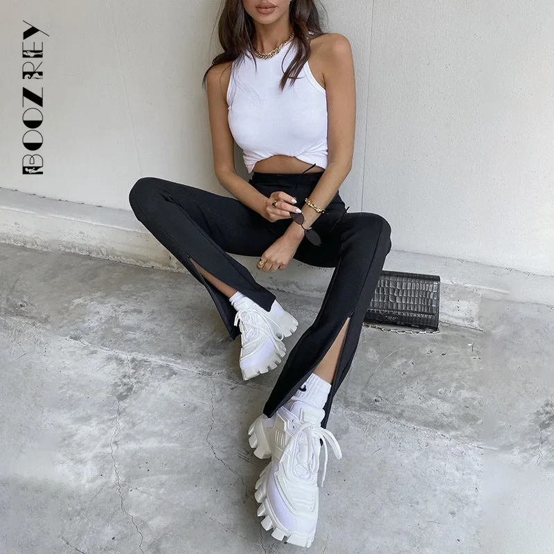 BoozRey Elegant Women Sexy Pants High Waist Black Split Slim Office Ladies Casual Trouser 2022 Solid Flare Streetwear Slit Pant