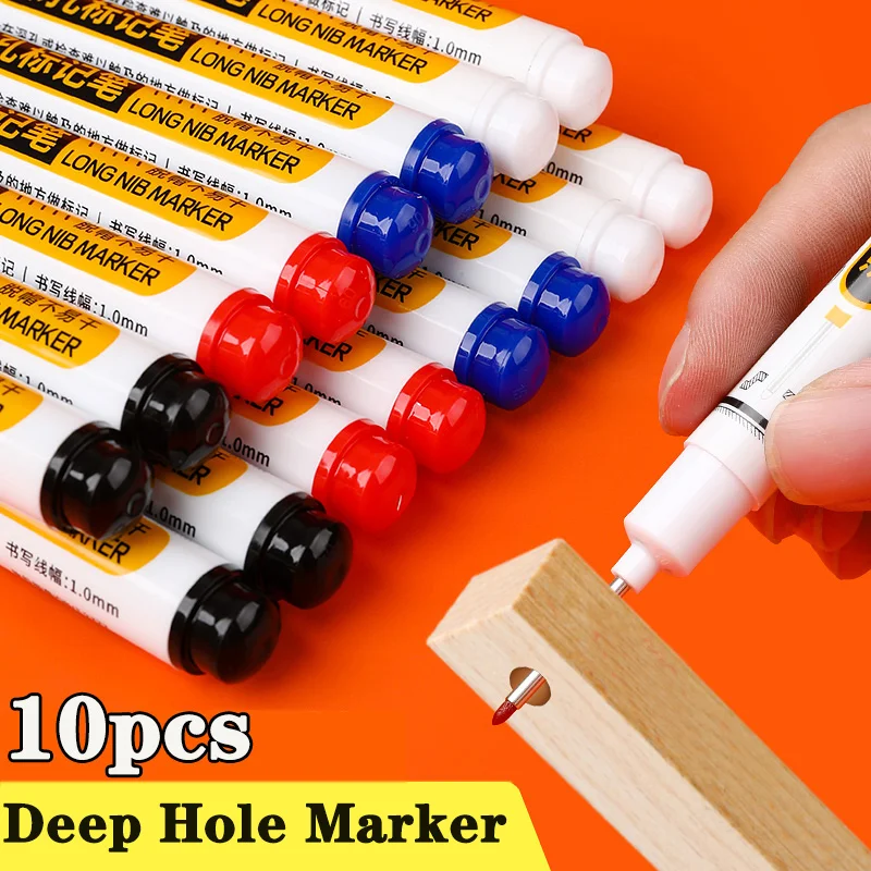 10Pcs/Set 20mm Deep Hole Long Nib Head Marker For Metal Perforating Pen Waterproof Bathroom Woodworking Decoration Multi-Purpose