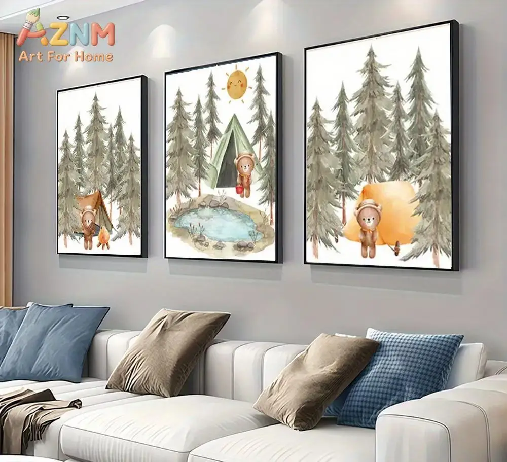 AZNM Watercolor Bear Camping Canvas Wall Art Forest Tent Pine Tree Pattern Frameless Canvas Painting Nursery Kids Room Home Deco