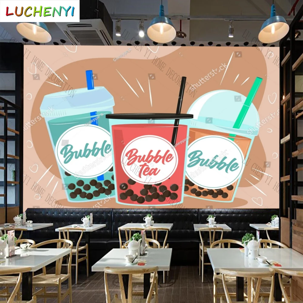 Custom bubble tea mural wallpaper restaurant cold drinking shop dining room wall papers home decor sticker