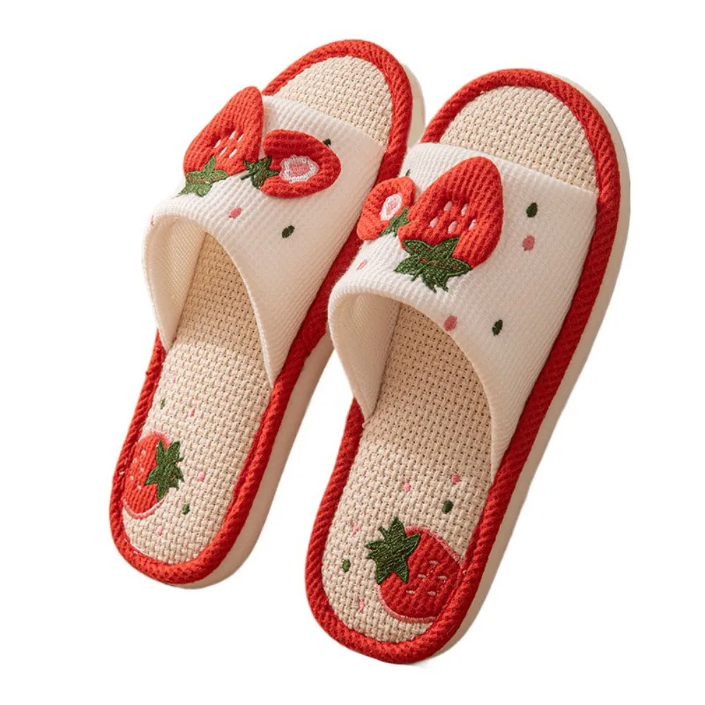 

Soft Soft Sole House Linen Slippers Flax Open Toe Sweet Indoor Slippers Anti Slip Breathable Strawberry Slippers Women Indoor